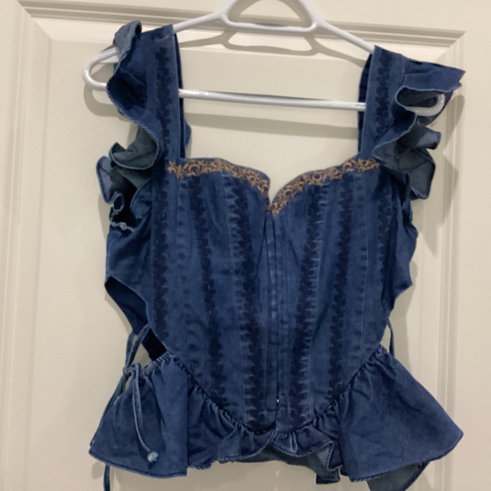 Ruffled Navy Corset Tank Top Embroidered  Sweetheart Neckline - Size L - NWT